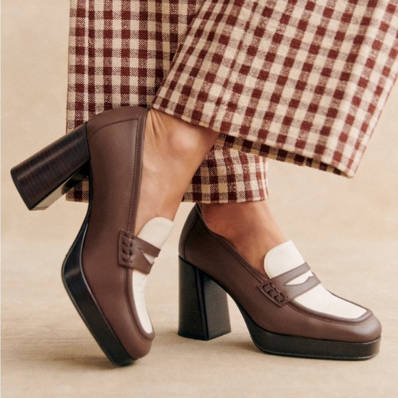 Sezane French Jessie High Heel Leather Loafers Multi Taupe...